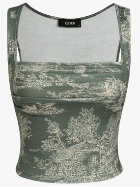 Cider Sage Green Toile Square-Neck Crop Top